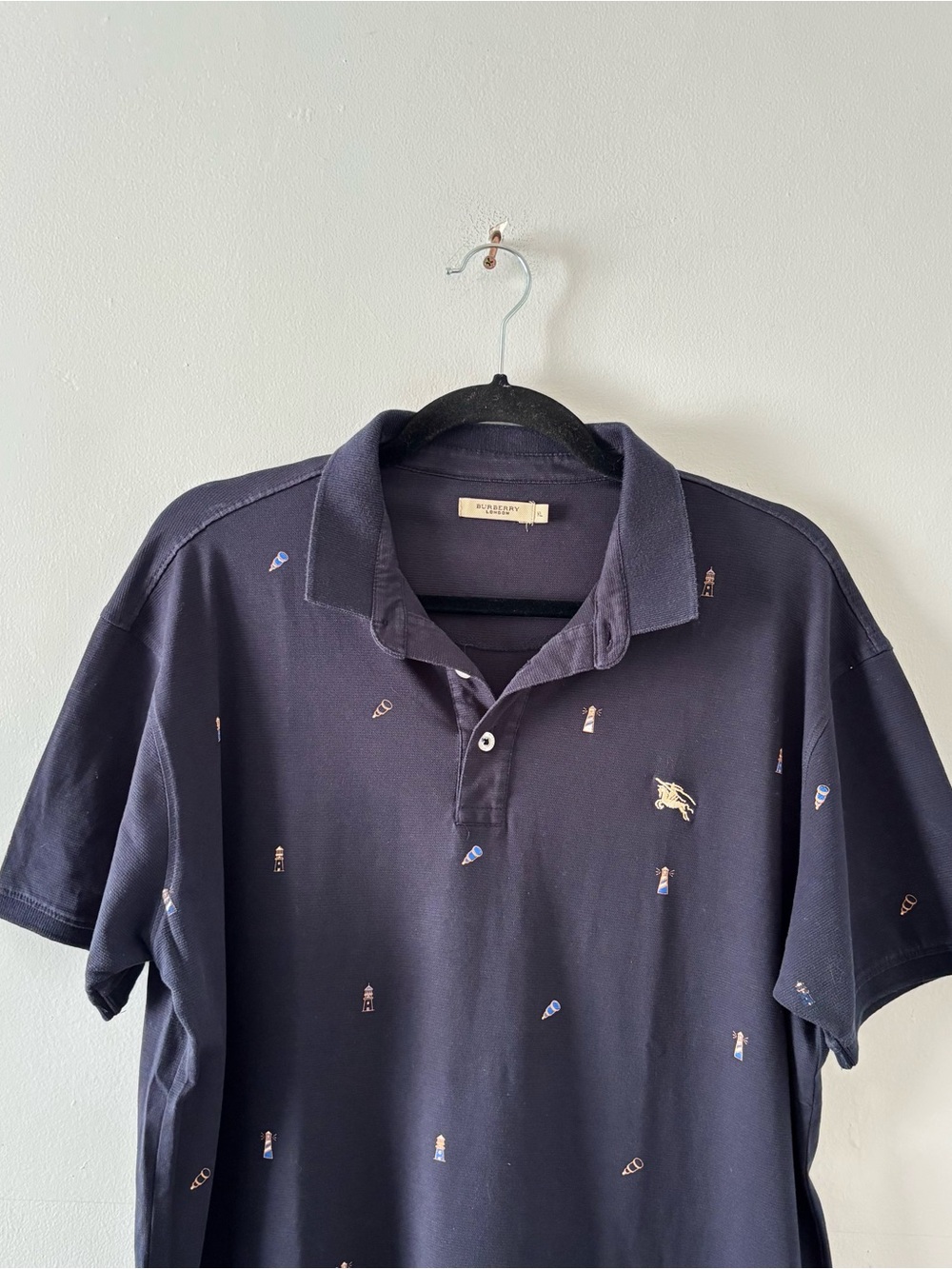 Burberry London Men’s Lighthouse Print Embroidered Short-Sleeve Polo Navy - Picture 2 of 6